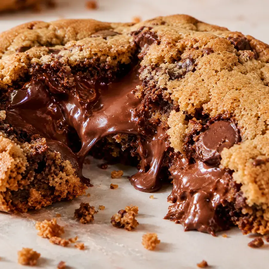 Cookie de chispas de chocolate recién horneada, partida, con el chocolate derretido