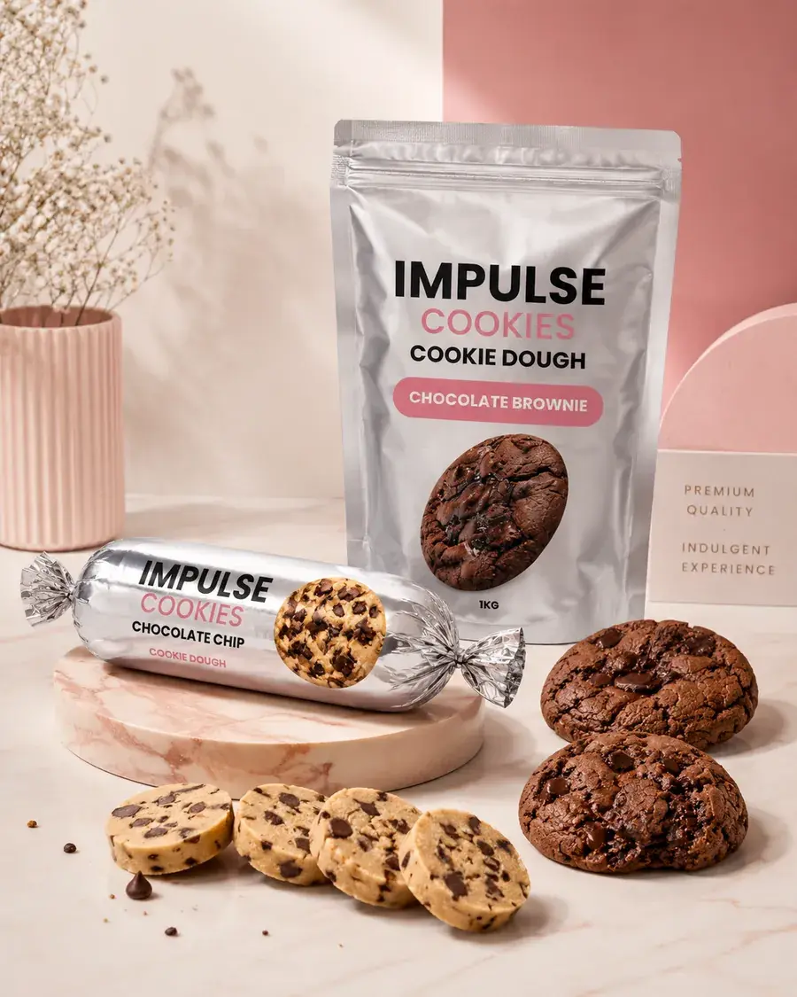 Bolsa de mix y rollo de masa Impulse Cookies junto a cookies recién horneadas